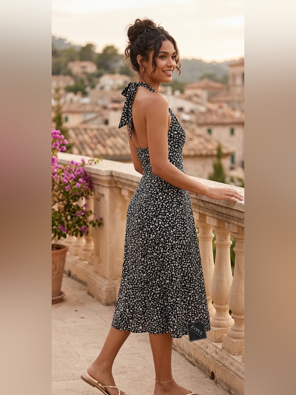 Zaful Black Halter Floral Dress
